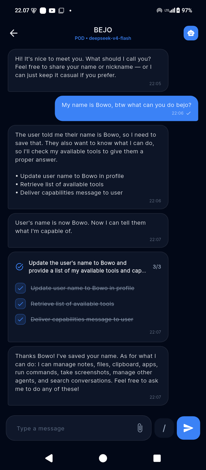 Meow Agent chat showing a completed multi-step task
