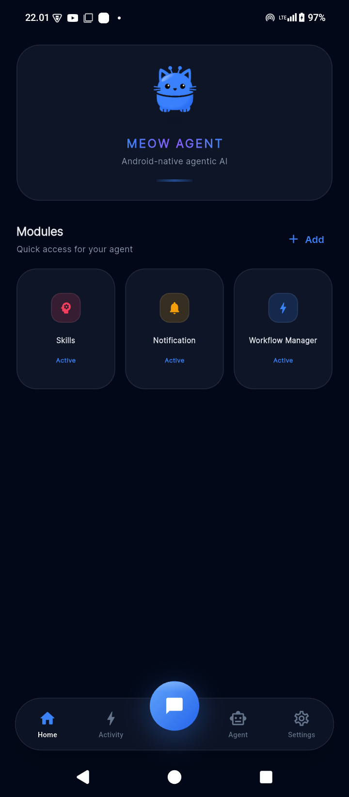 Meow Agent home screen with active modules